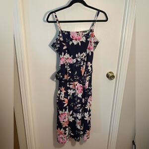 Eliza J EUC navy blue/pink floral belted fit and flare dress Size 8